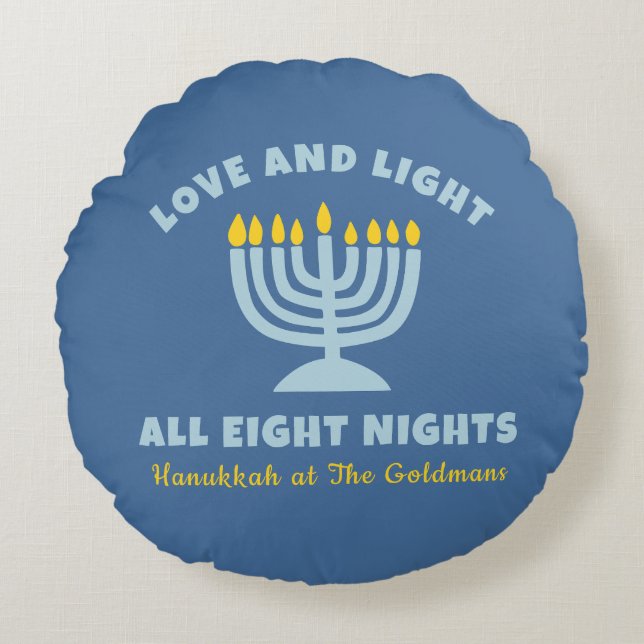 Hanukkah "Love and Light" Personalized Jewish Blue Round Pillow (Front)