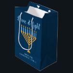 Hanukkah Love & Light Blue Gold Menorah Custom Medium Gift Bag<br><div class="desc">Cute custom Love and Light Hanukkah gift bag for a Jewish family having a Chanukah party with a synagogue. Personalize with your own last name or group information in blue under the pretty blue and gold menorah.</div>