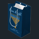 Hanukkah Love & Light Blue Gold Menorah Custom Medium Gift Bag<br><div class="desc">Cute custom Love and Light Hanukkah gift bag for a Jewish family having a Chanukah party with a synagogue. Personalize with your own last name or group information in blue under the pretty blue and gold menorah.</div>