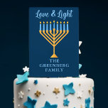 Hanukkah Love & Light Custom Blue Gold Menorah Cake Pick<br><div class="desc">Cute customizable Love and Light cake topper for a Jewish family dinner or a Chanukah party with a synagogue. Personalize this pretty Hanukkah cake topper with your own last name or group information in blue under the pretty gold menorah.</div>