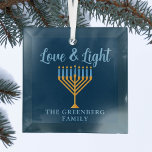 Hanukkah Love & Light Custom Blue Gold Menorah Glass Ornament<br><div class="desc">Cute customizable Love and Light Hanukkah ornament for a Jewish family dinner or a Chanukah party with a synagogue. Personalize this pretty gift with your own last name or group information in blue under the pretty gold menorah.</div>