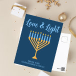 Hanukkah Love & Light Custom Blue Gold Menorah Postcard<br><div class="desc">Cute custom Love and Light Hanukkah postcard for a Jewish family or a Chanukah party with a synagogue. Personalize these pretty postcards with your own last name or group information in blue under the pretty gold menorah.</div>