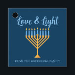 Hanukkah Love & Light Custom Menorah Blue Party Favour Tags<br><div class="desc">Cute custom Love and Light Hanukkah party favour tags for a Jewish family Chanukah dinner celebration with a synagogue. Personalize this pretty decor with your own last name or group information in blue under the pretty gold menorah.</div>