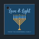 Hanukkah Love & Light Custom Menorah Blue Party Favour Tags<br><div class="desc">Cute custom Love and Light Hanukkah party favour tags for a Jewish family Chanukah dinner celebration with a synagogue. Personalize this pretty decor with your own last name or group information in blue under the pretty gold menorah.</div>