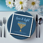 Hanukkah Love & Light Custom Menorah Blue Party Napkin<br><div class="desc">Cute custom Love and Light Hanukkah paper napkin for a Jewish family dinner or a Chanukah party with a synagogue. Personalize this pretty decor with your own last name or group information in blue under the pretty gold menorah.</div>