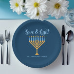 Hanukkah Love & Light Custom Menorah Blue Party Paper Plate<br><div class="desc">Cute custom Love and Light Hanukkah paper plate for a Jewish family dinner or a Chanukah party with a synagogue. Personalize this pretty decor with your own last name or group information in blue under the pretty gold menorah.</div>