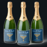 Hanukkah Love & Light Custom Menorah Blue Party Sparkling Wine Label<br><div class="desc">Cute custom Love and Light Hanukkah champagne bottle label for a Jewish family or a Chanukah party with a synagogue. Personalize with your own last name or group information in blue under the pretty gold menorah to give as gifts.</div>