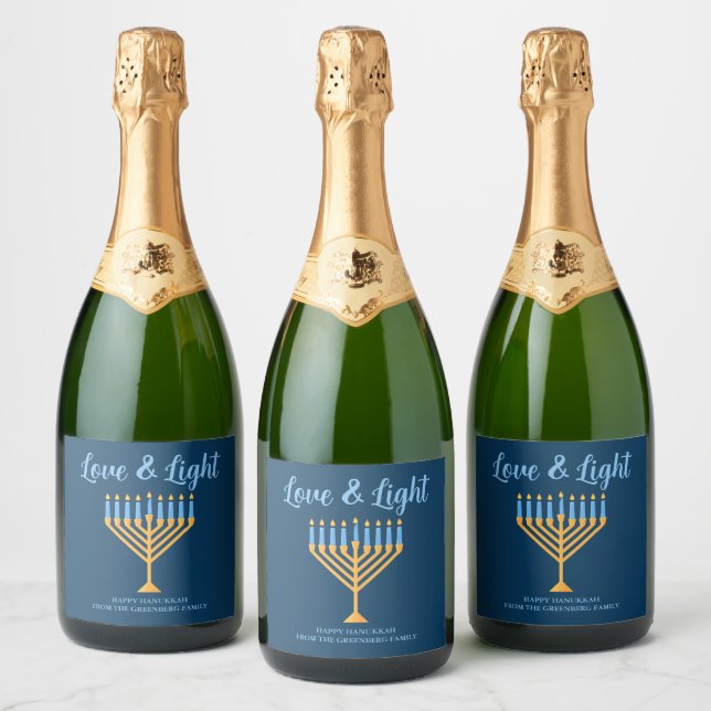 Hanukkah Love & Light Custom Menorah Blue Party Sparkling Wine Label (Bottles)
