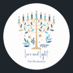 Hanukkah Love & Light Floral Menorah  Classic Round Sticker<br><div class="desc">Hanukkah Love & Light Floral Menorah stickers. Personalize the custom text above. You can find additional coordinating items in our "Floral Hanukkah Menorah and Dreidel" collection.</div>