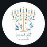 Hanukkah Love & Light Floral Menorah  Classic Round Sticker<br><div class="desc">Hanukkah Love & Light Floral Menorah stickers. Personalize the custom text above. You can find additional coordinating items in our "Floral Hanukkah Menorah and Dreidel" collection.</div>