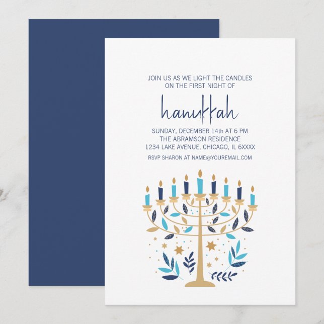 Hanukkah Love & Light Floral Menorah Holiday Party Invitation (Front/Back)