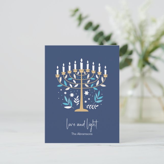 Hanukkah Love & Light Floral Menorah Holiday Postcard (Standing Front)