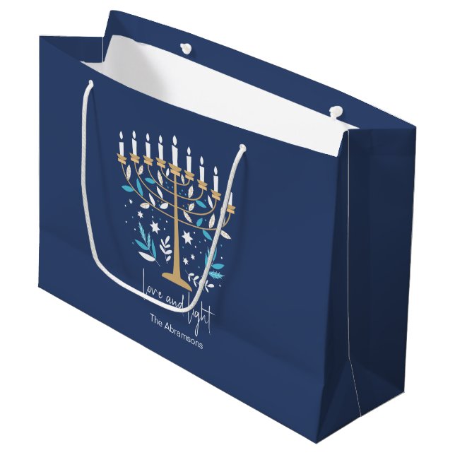 Hanukkah Love & Light Floral Menorah  Large Gift Bag (Front Angled)