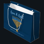 Hanukkah Love & Light Menorah Customizable Blue Large Gift Bag<br><div class="desc">Cute customizable Love and Light Hanukkah gift bag for a Jewish family having a Chanukah party with a synagogue. Personalize with your own last name or group information in blue under the pretty blue and gold menorah.</div>