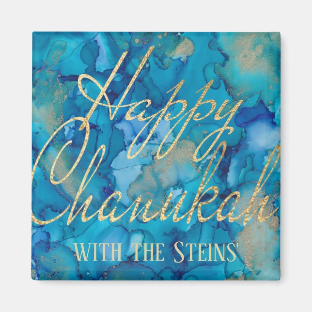 Hanukkah Magnet Square Happy Chanukah Gold/Blues (Front)