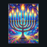 Hanukkah menorah aglow in psychedelic colours postcard<br><div class="desc">Celebrate the spirit of Hanukkah, with its menorah aglow in a symphony of psychedelic colours, each flame a beacon of hope and joy amidst a universe of patterns and light. 🕎✨🌈</div>