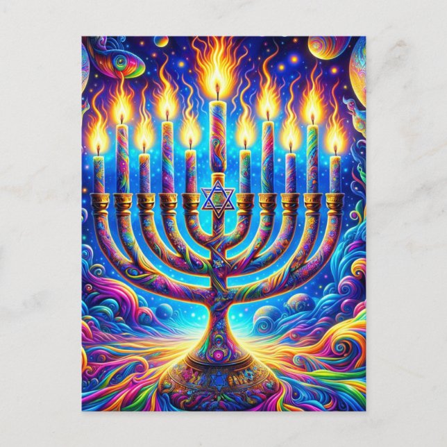 Hanukkah menorah aglow in psychedelic colours postcard (Front)