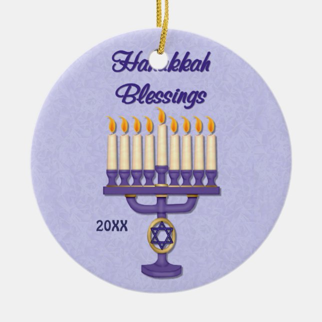 Hanukkah Menorah Blessings Ceramic Ornament (Front)