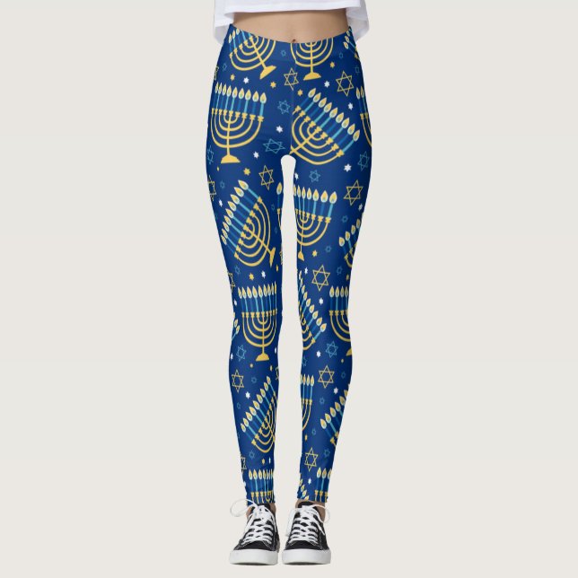 Hanukkah Menorah Blue Star of David Leggings (Front)
