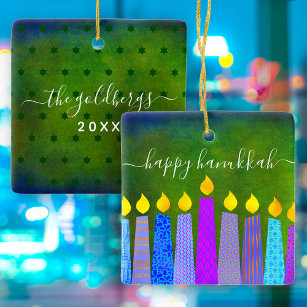 Hanukkah Menorah Candle Script Name Green Keepsake Ceramic Ornament