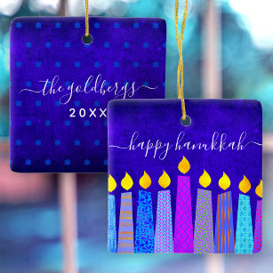 Hanukkah Menorah Candles on Blue Keepsake Custom Ceramic Ornament