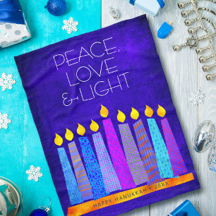 Hanukkah Menorah Candles on Blue, Peace Love Light Fleece Blanket