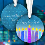 Hanukkah Menorah Candles Turquoise Keepsake Custom Ornament<br><div class="desc">“Happy Hanukkah.” A playful, modern, artsy illustration of boho pattern candles helps you usher in the holiday of Hanukkah in style. Assorted blue candles with colourful faux foil patterns overlay a turquoise gradient to white textured background. On the back, personalize with your family name and year, over a tiny turquoise...</div>