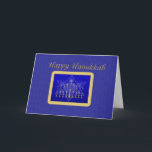 Hanukkah Menorah Card<br><div class="desc">Menorah and Star of David in gold frame on blue background.</div>