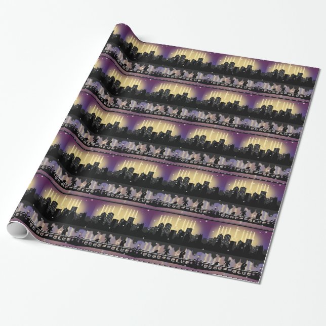 Hanukkah Menorah City Skyline Wrapping Paper (Unrolled)