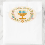 HANUKKAH Menorah floral wreath Jewish Holiday  Oval Sticker<br><div class="desc">Hand drawn florals by me for you.  For more designs and colours check my shop! Or let me know if you'd like something custom.  Ask if you don't find what you need! :)</div>