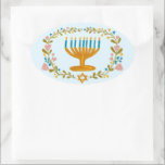 HANUKKAH Menorah floral wreath Jewish Holiday  Oval Sticker<br><div class="desc">Hand drawn florals by me for you.  For more designs and colours check my shop! Or let me know if you'd like something custom.  Ask if you don't find what you need! :)</div>