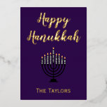 Hanukkah Menorah  Foil Holiday Card<br><div class="desc">A lovely greeting card for Hanukkah, this design features "Happy Hanukkah" on a lovely purple background. The centre has a menorah with a place to insert your family's name at the bottom. The back continues with the beautiful purple background. There is a message of blessings included. Order yours today! Menorah:...</div>