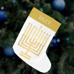 Hanukkah Menorah Gold Tone Elegant Modern Large Christmas Stocking<br><div class="desc">Personalize this elegant and modern style Hanukkah Menorah stocking by adding a name in white to the gold tone "cuff" design. The design is sleek and simple with my original square style Menorah in faux gold on white and a simple yet interesting font for the name. Whether you celebrate Chanuka...</div>