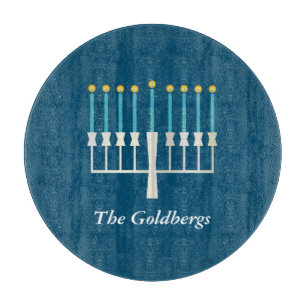 Hanukkah Menorah in Blue Custom Family Name Cutting Board
