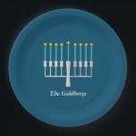 Hanukkah Menorah in Blue Custom Family Name Paper Plate<br><div class="desc">This stylish custom paper plate set features a Hanukkah themed design of a minimalist menorah in blue. Personalize it with your name. Great gift idea!</div>