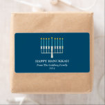 Hanukkah Menorah in Blue Personalized<br><div class="desc">Simple Hanukkah greeting with a lit menorah illustration in blue. All text can be customized so you can use your preferred Hanukkah spelling.</div>