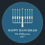 Hanukkah Menorah in Blue Personalized Classic Round Sticker<br><div class="desc">Simple Hanukkah greeting with a lit menorah illustration in blue. All text can be customized so you can use your preferred Hanukkah spelling.</div>