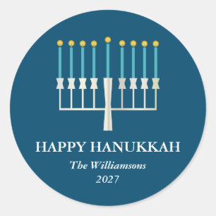 Hanukkah Menorah in Blue Personalized Classic Round Sticker