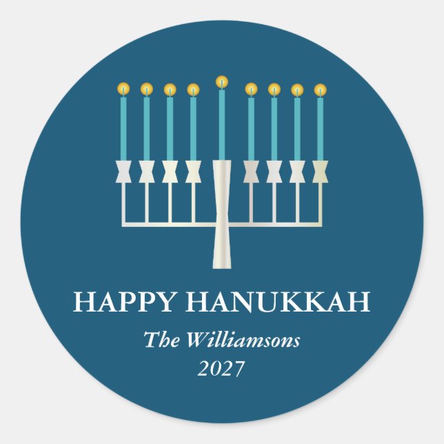 Hanukkah Menorah in Blue Personalized Classic Round Sticker (Front)