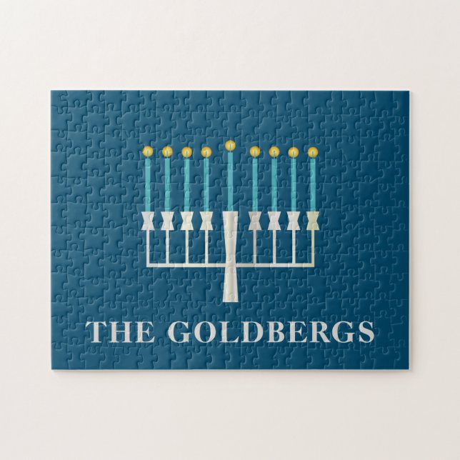 Hanukkah Menorah in Blue Personalized   Jigsaw Puzzle (Horizontal)
