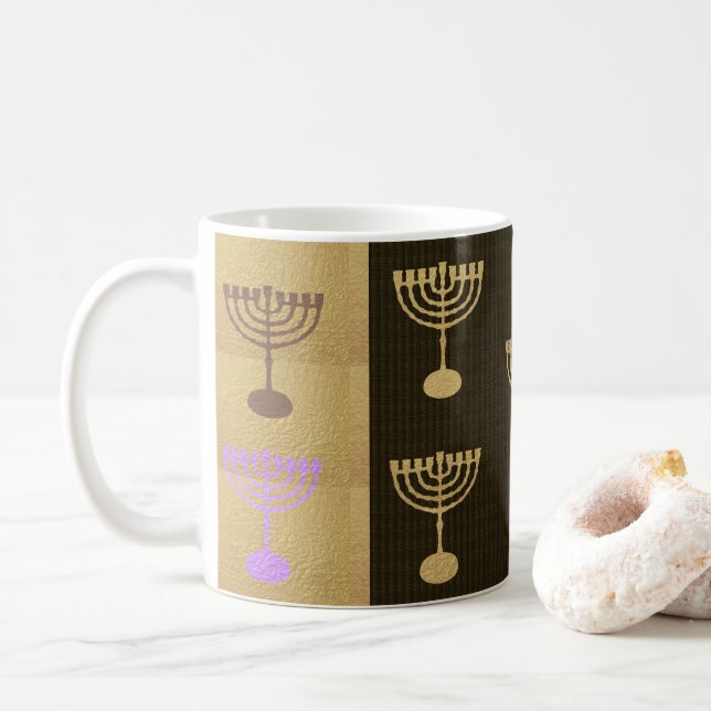 Hanukkah Menorah Lights Holiday Gold Symbol Coffee Mug (With Donut)