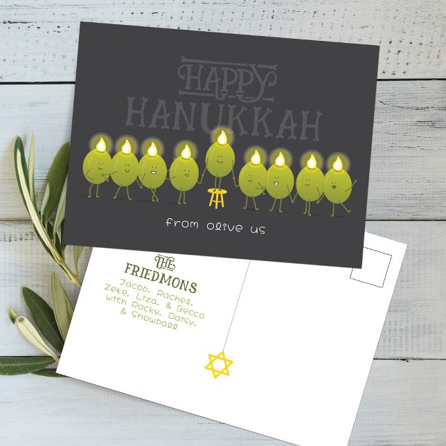 Hanukkah Menorah Olives, Dark Grey Group Postcard (Creator Uploaded)
