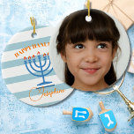 Hanukkah Menorah Photo Blue Orange  Ceramic Ornament<br><div class="desc">Change up your Hanukkah wishes with this modern striped Menorah design. Still using the traditional seasonal colours.
The blue Menorah has orange flames.
Blues and oranges.
There is a place for your own personal or family photo 
Modern and simple Hanukkah greeting.</div>