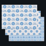 Hanukkah Menorah Polka Dots Blue and Gray Wrapping Paper Sheet<br><div class="desc">Here we have a lovely wrapping paper sheet set perfect for the holiday season. The first sheet features a sky blue circle with a menorah on it, and the words Happy Hanukkah in blue on a multiple blue and gray polka dot patterned background. The second sheet features a sky blue...</div>