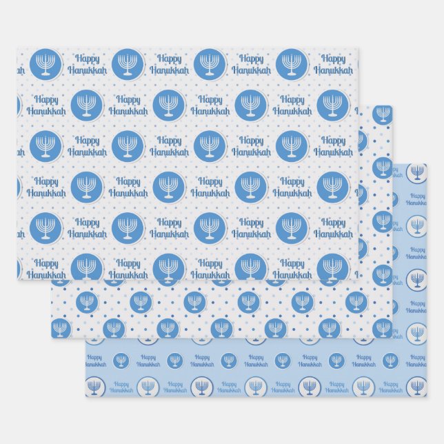 Hanukkah Menorah Polka Dots Blue and Gray Wrapping Paper Sheet (Set)