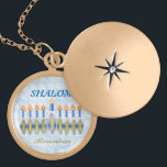 Hanukkah Menorah Shalom Customizable Name Gold Plated Necklace<br><div class="desc">A lovely present for Chanukah is this gold-finished locket with a name that is easily customized for the recipient. An elegant menorah has all nine candles alight; in the flames are the Hebrew characters for "Shalom, " barely perceptible but definitely there. Above, the same word appears, transliterated, in stylized blue...</div>