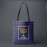 HANUKKAH Menorah Star David Personalized Navy Blue Tote Bag<br><div class="desc">Stylish festive all over print navy blue TOTE BAG with faux silver Star of David in subtle background pattern. Placeholder text is customizable so you can change HAPPY HANUKKAH to a greeting of your own choice (text of similar length), your name or text in your own language. Part of the...</div>