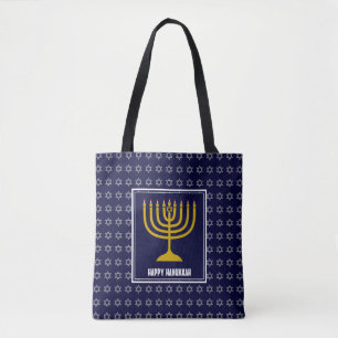 HANUKKAH Menorah Star David Personalized Navy Blue Tote Bag