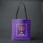 HANUKKAH Menorah Star David Personalized Purple Tote Bag<br><div class="desc">Stylish festive all over print purple TOTE BAG with faux silver Star of David in subtle background pattern. Placeholder text is customizable so you can change HAPPY HANUKKAH to a greeting of your own choice (text of similar length), your name or text in your own language. Part of the HANUKKAH...</div>