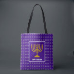 HANUKKAH Menorah Star David Personalized Purple Tote Bag<br><div class="desc">Stylish festive all over print purple TOTE BAG with faux silver Star of David in subtle background pattern. Placeholder text is customizable so you can change HAPPY HANUKKAH to a greeting of your own choice (text of similar length), your name or text in your own language. Part of the HANUKKAH...</div>